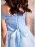 Off Shoulder Sky Blue Lace Tulle Corset Back Flower Girl Dress